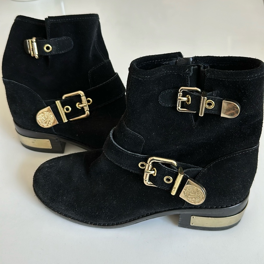 Vince Camuto Black Suede Ankle Boots with Gold Buckles Size 7 M